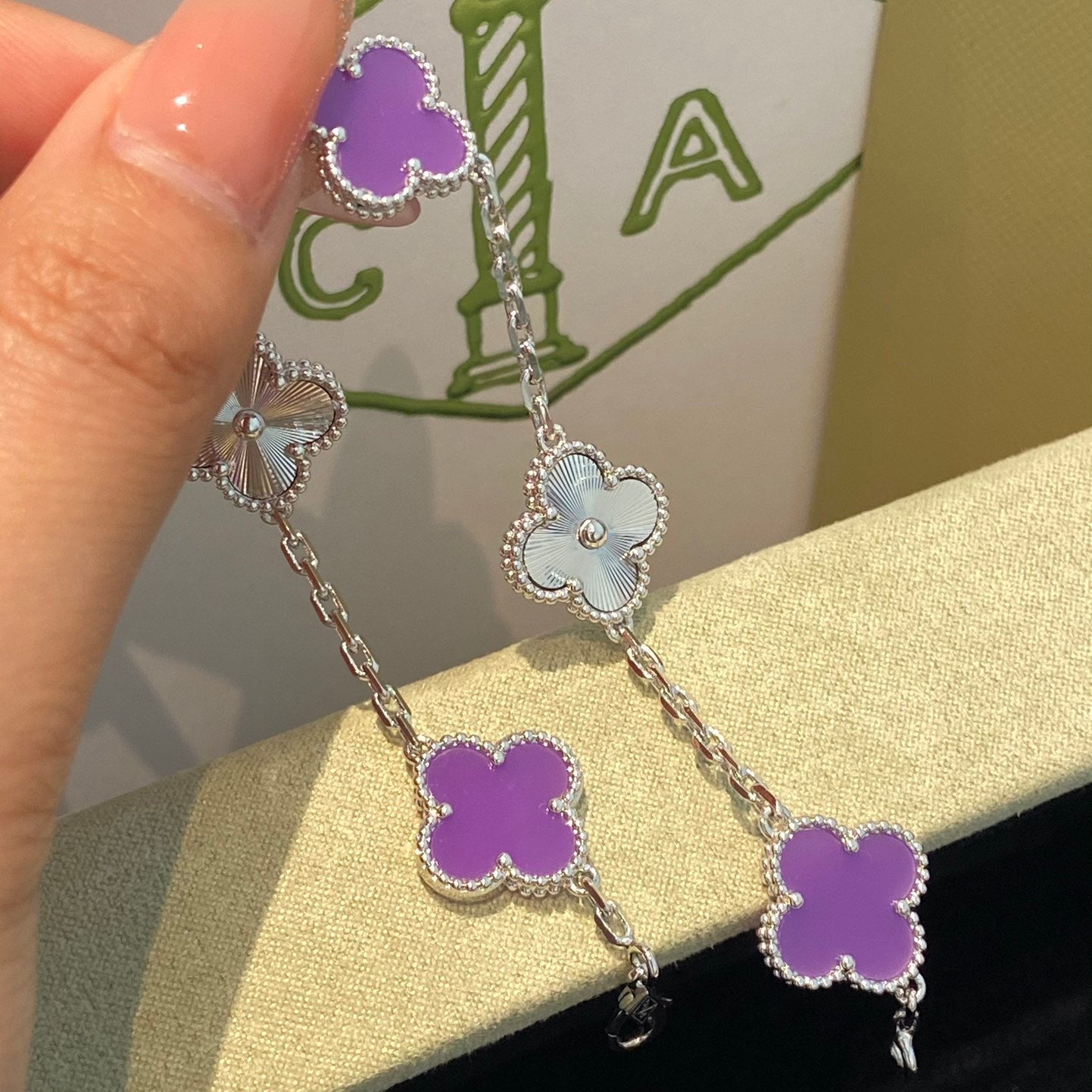 [Luxe Jewelry]CLOVER  5 MOTIFS  PURPLE VIOLET BRACELET SILVER