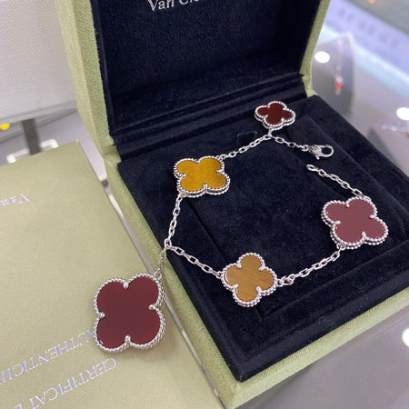 [Amore Jewelry]CLOVER 5 MOTIFS SIVLER CARNELIAN TIGER EYE BRACELET
