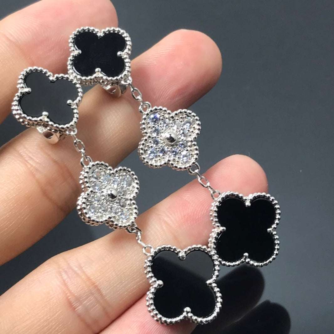 [Amore Jewelry]CLOVER 3 MOTIF DIAMOND ONYX SILVER EARRINGS