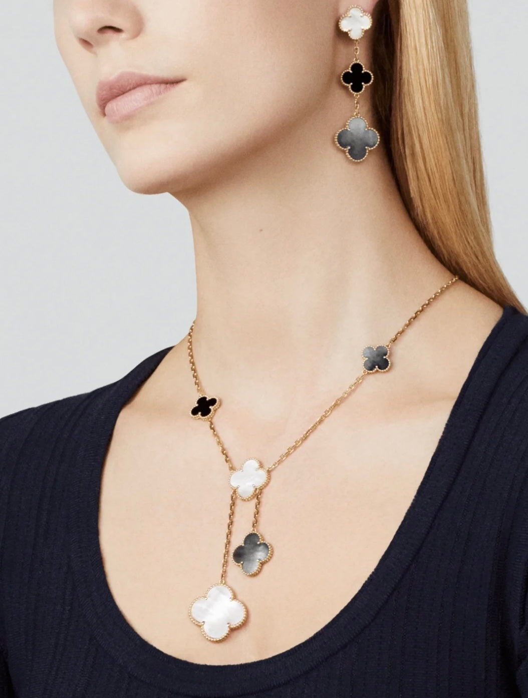 [Amore Jewelry]CLOVER 3 MOTIF MOP ONYX DARK MOP PINK GOLD EARRINGS