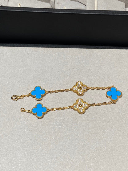 [Amore Jewelry]CLOVER 5 MOTIF BLUE CHALCEDONY DIAMOND GOLD BRACELET