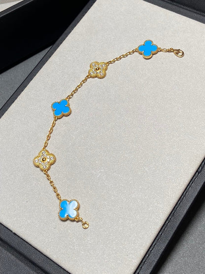[Amore Jewelry]CLOVER 5 MOTIF BLUE CHALCEDONY DIAMOND GOLD BRACELET
