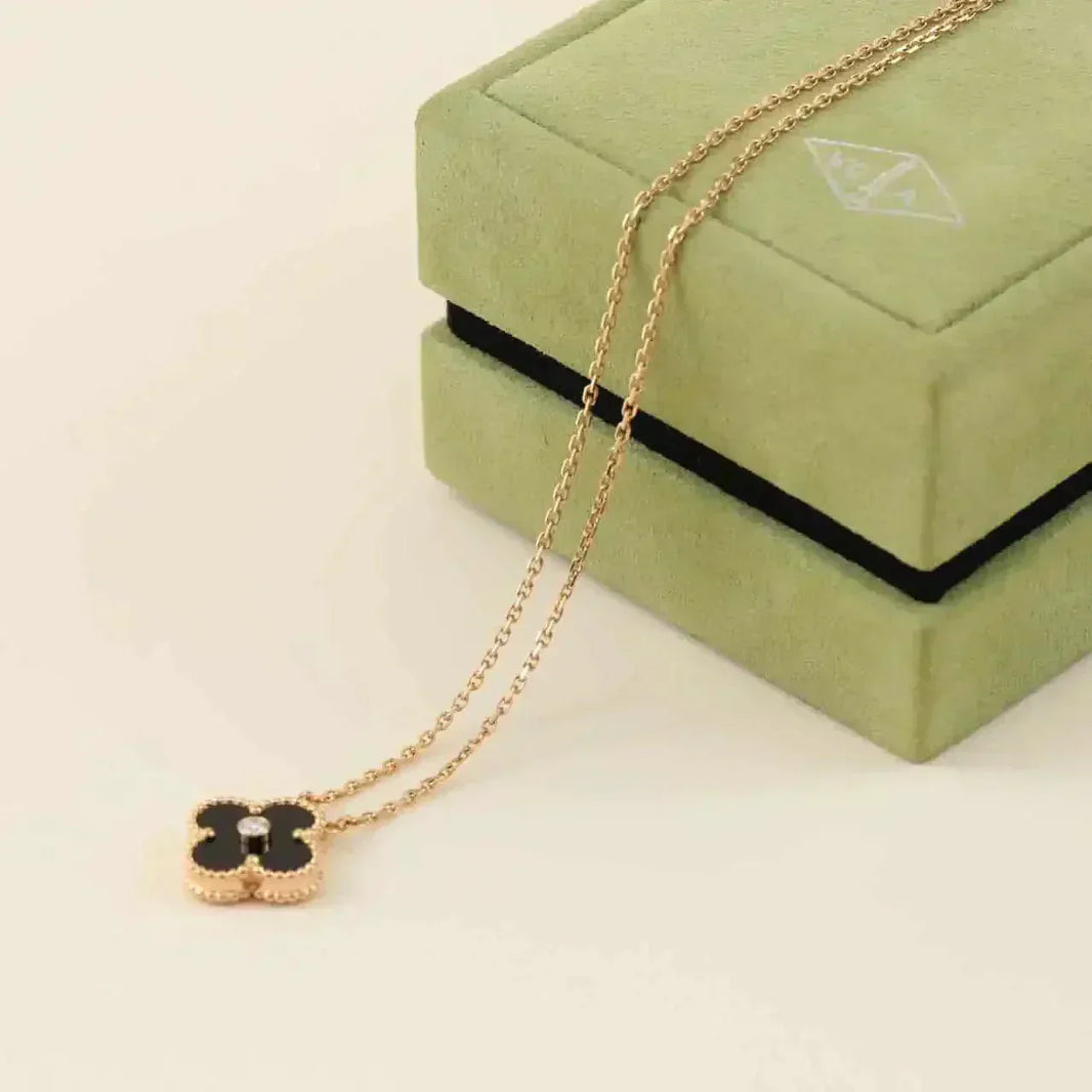 [Amore Jewelry]CLOVER 15MM DIAMOND ONYX NECKLACE