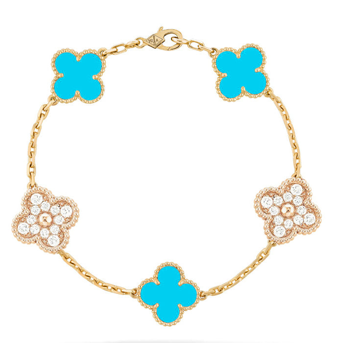[Amore Jewelry]CLOVER 5 MOTIF TURQUOISE DIAMOND GOLD BRACELET