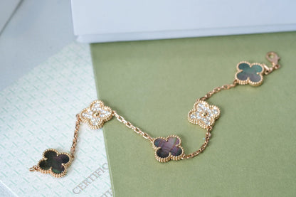 [Amore Jewelry]CLOVER 5 MOTIFS DARK MOP AND DIAMONDS PINK GOLD BRACELET